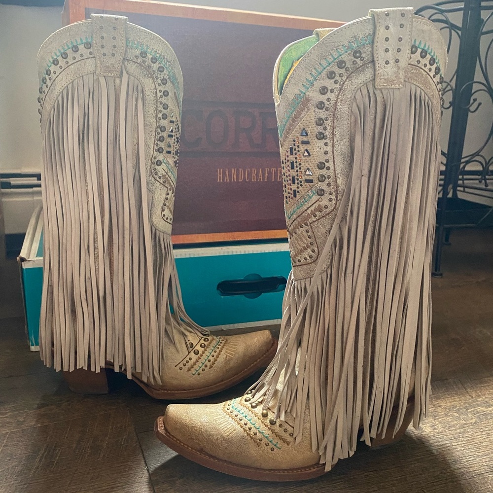 Corral Fringe Leather Boots with Turquoise Accents